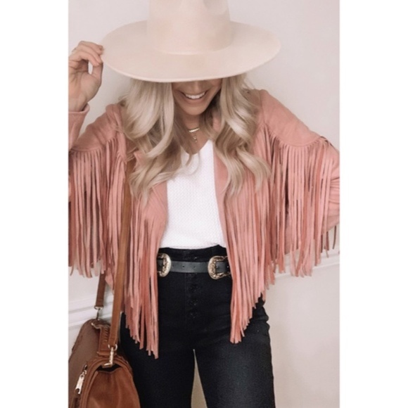 SOLD OUT Mauve Pink Faux Leather Suede Fringe Cropped Western Boho Moto Jacket - Picture 2 of 5